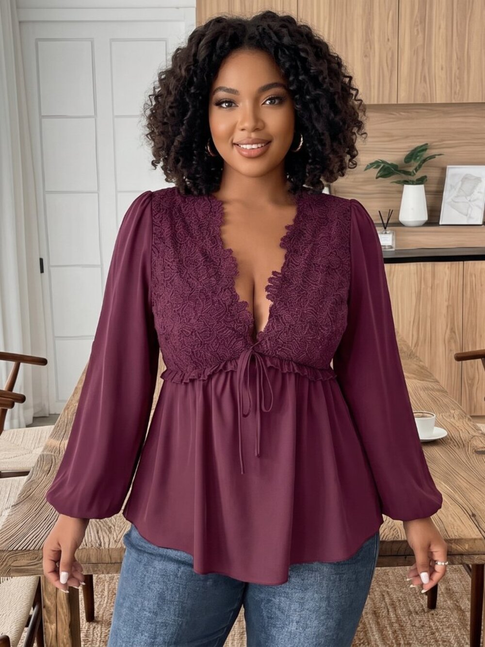 Solid V Neck Lace Patchwork Shirt